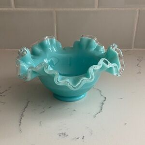 Vintage Mid Century Aqua Ruffled Art Glass Bowl Tiffany Blue Style